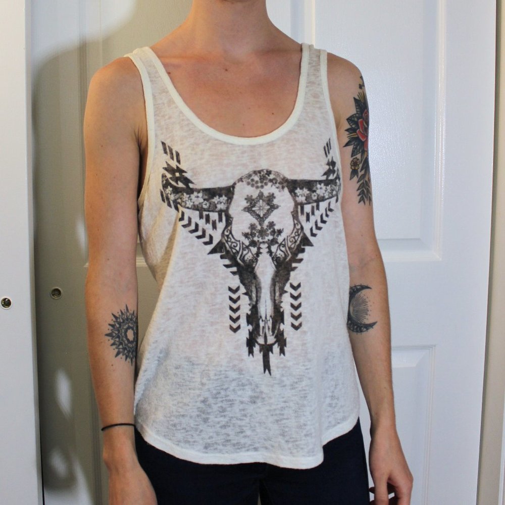 White Tank Top with Cow Skull Design